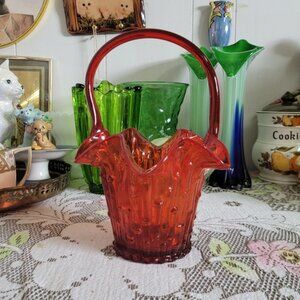 Vintage Red Glass Basket Glows Orange
